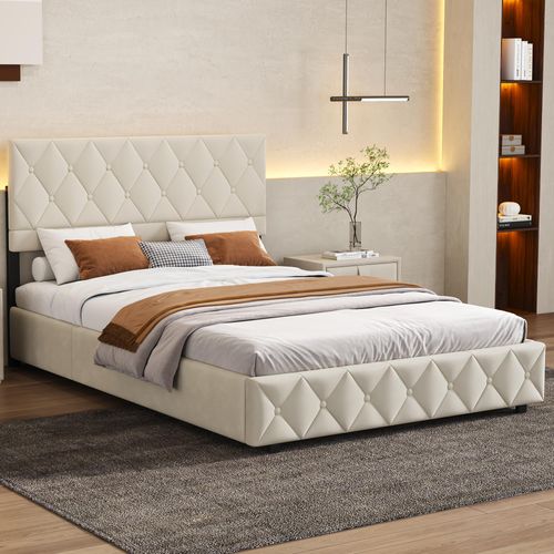 Lit Double 160x200 Cm En Velours Beige - Design Élégant Avec Coffre De Rangement