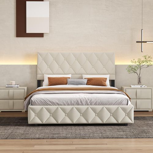 Lit Double 160x200 Cm En Velours Beige - Design Élégant Avec Coffre De Rangement