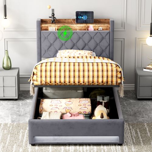 Lit Simple 90x190 Cm - Capitonné En Velours Gris Avec LED Et USB - Sans Matelas