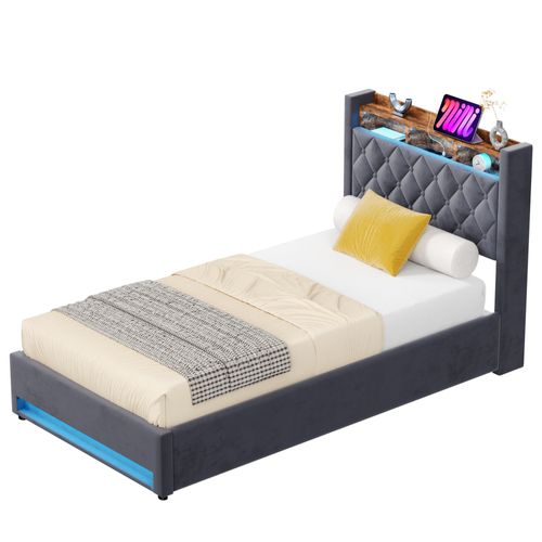 Lit Simple 90x190 Cm - Capitonné En Velours Gris Avec LED Et USB - Sans Matelas