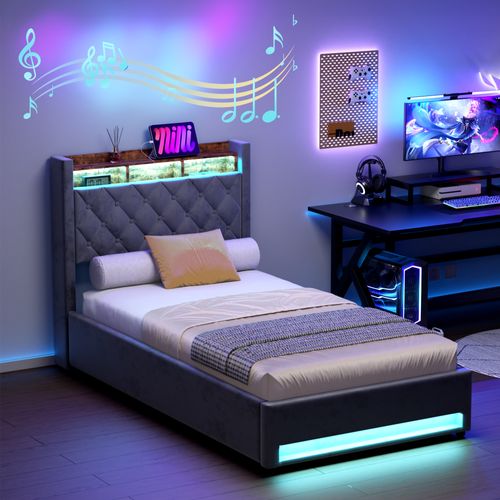 Lit Simple 90x200 Cm - Capitonné En Velours Gris Avec LED Et USB - Sans Matelas