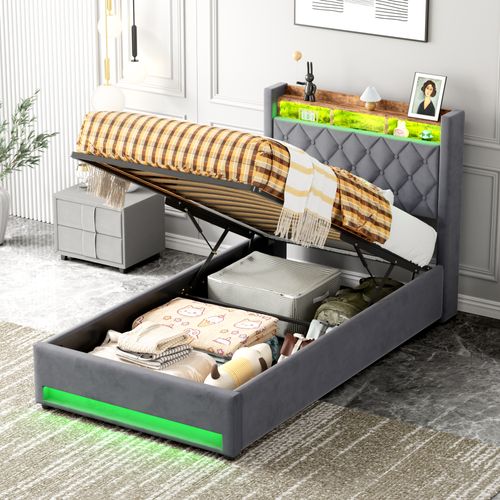 Lit Simple 90x200 Cm - Capitonné En Velours Gris Avec LED Et USB - Sans Matelas