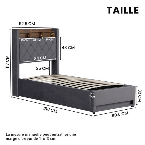 Lit Simple 90x200 Cm - Capitonné En Velours Gris Avec LED Et USB - Sans Matelas