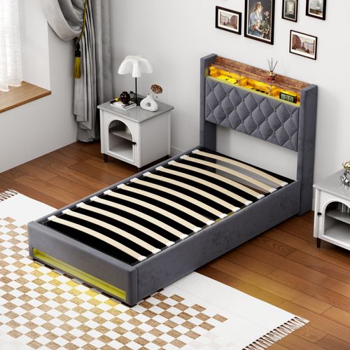 Lit Simple 90x200 Cm - Capitonné En Velours Gris Avec LED Et USB - Sans Matelas