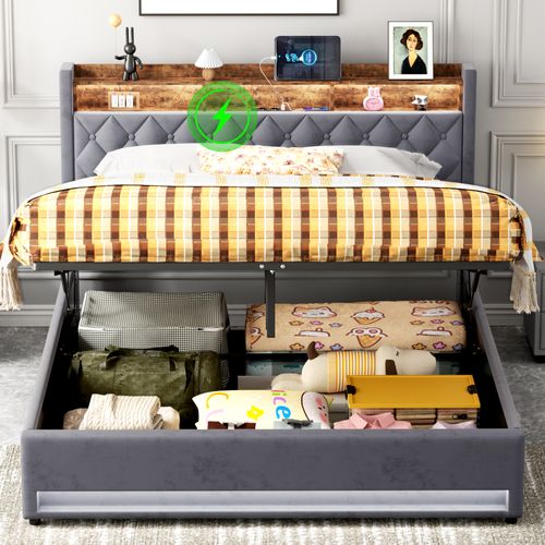 Lit Double Capitonné 160x200 Cm Avec Coffre, Ports USB Et LED - Velours Gris Foncé - Sans Matelas