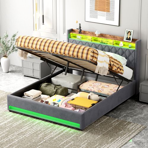 Lit Double Capitonné 160x200 Cm Avec Coffre, Ports USB Et LED - Velours Gris Foncé - Sans Matelas