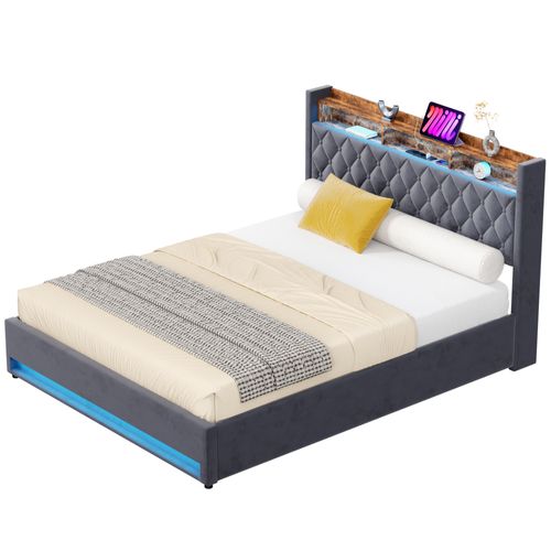 Lit Double Capitonné 160x200 Cm Avec Coffre, Ports USB Et LED - Velours Gris Foncé - Sans Matelas