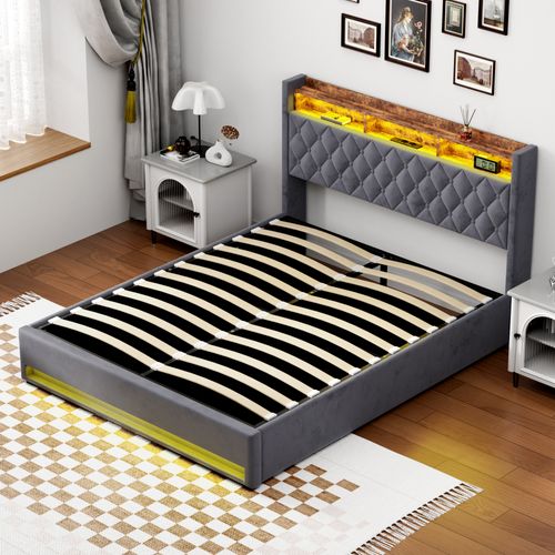 Lit Double Capitonné 160x200 Cm Avec Coffre, Ports USB Et LED - Velours Gris Foncé - Sans Matelas