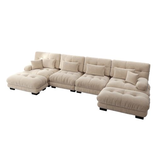 Canapé D'angle Modulable, Canapés 4 Places Avec Repose-pieds Amovible, En Chenille, Marron Clair