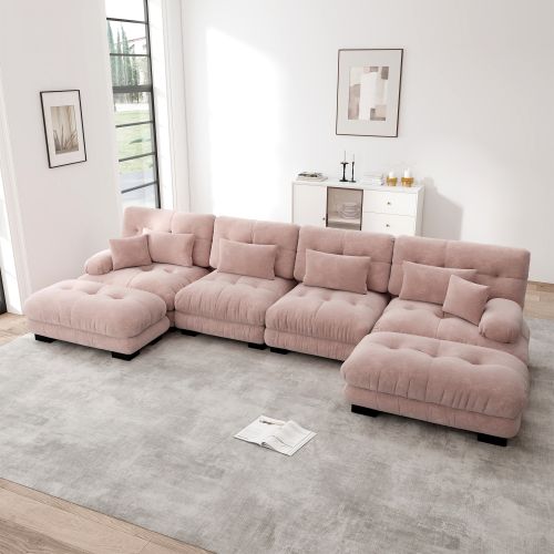 Canapé D'angle Modulable, Canapés 4 Places Avec Repose-pieds Amovible, En Chenille, Rose