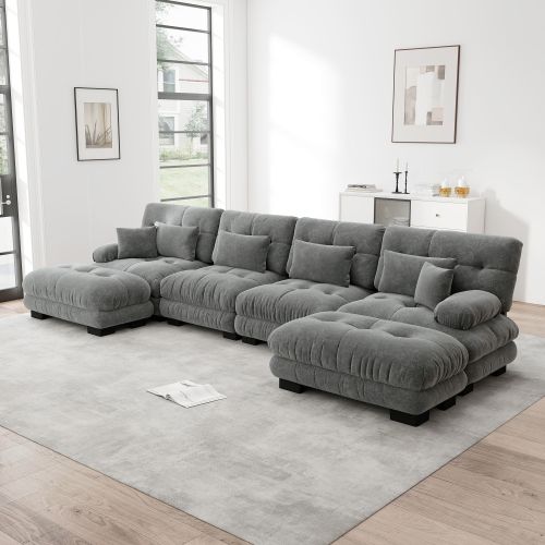 Canapé D'angle Modulable, Canapés 4 Places Avec Repose-pieds Amovible, En Chenille, Gris