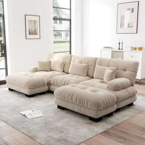 Canapé D'angle Modulaire En U, Canapé En Chenille Marron Clair Avec Repose-pieds