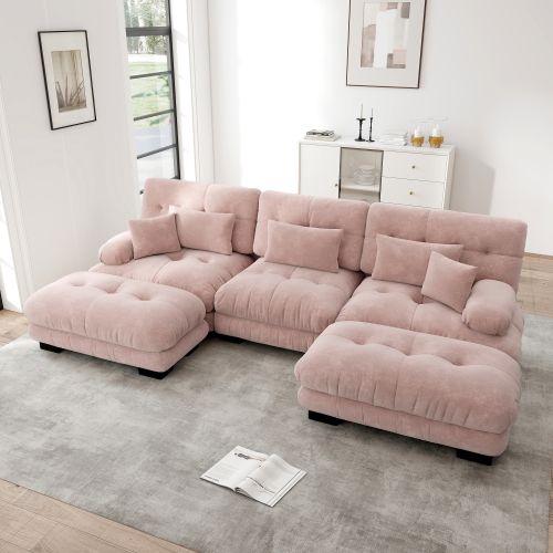 Canapé D'angle Modulaire En U, Canapé En Chenille Rose Avec Repose-pieds