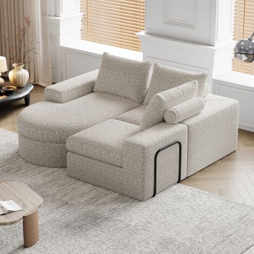 Canapé D'angle Méridienne, Canapé 3 Places, En Chenille Beige, Courbes