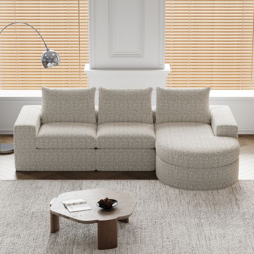 Canapé D'angle Méridienne, Canapé 3 Places, En Chenille Beige, Courbes