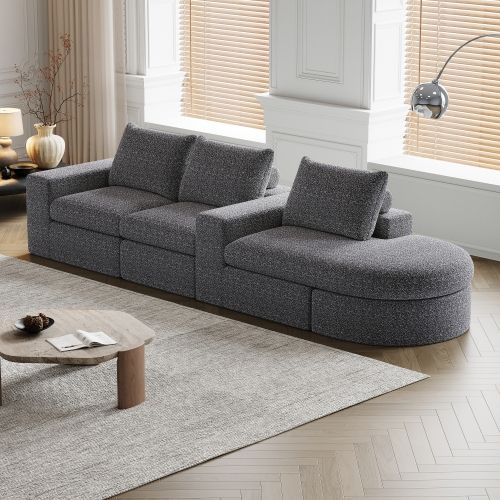 Canapé D'angle Méridienne, Canapé 3 Places, En Chenille Gris, Courbes