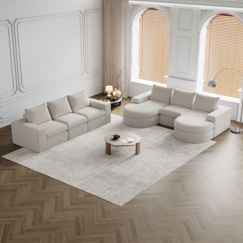 Lot De 2 Canapé modulable Méridienne, Incurvé, En Chenille Beige