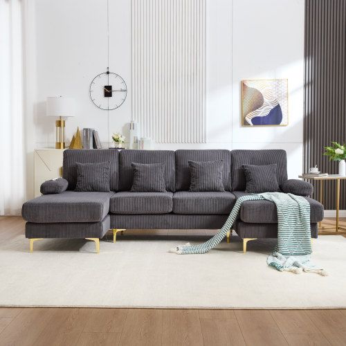 Canapé D'angle En U Avec Éclairage LED Et Port USB-c, 4 Coussins Et Dossier, Gris