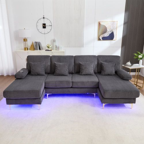 Canapé D'angle En U Avec Éclairage LED Et Port USB-c, 4 Coussins Et Dossier, Gris
