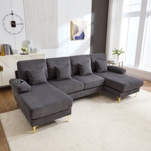 Canapé D'angle En U Avec Éclairage LED Et Port USB-c, 4 Coussins Et Dossier, Gris