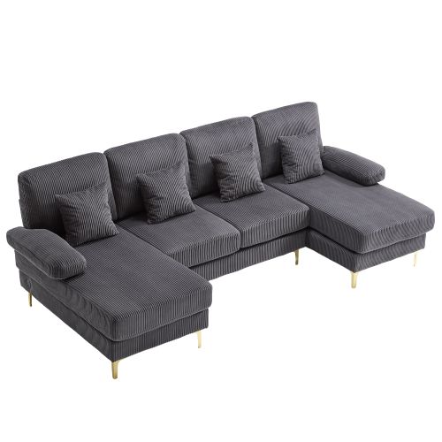 Canapé D'angle En U Avec Éclairage LED Et Port USB-c, 4 Coussins Et Dossier, Gris