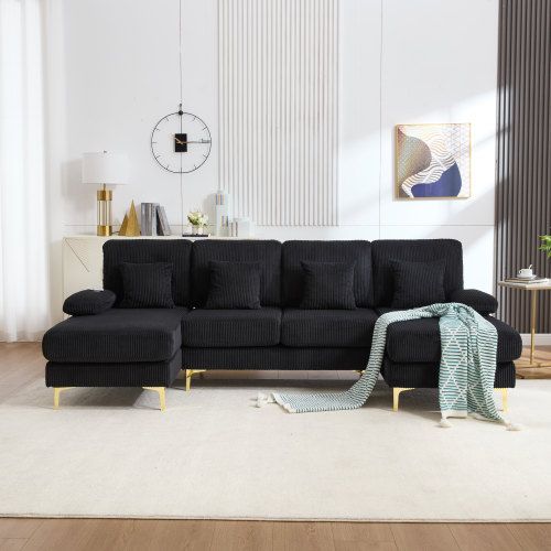 Canapé D'angle En U Avec Éclairage LED Et Port USB-c, 4 Coussins Et Dossier, Noir