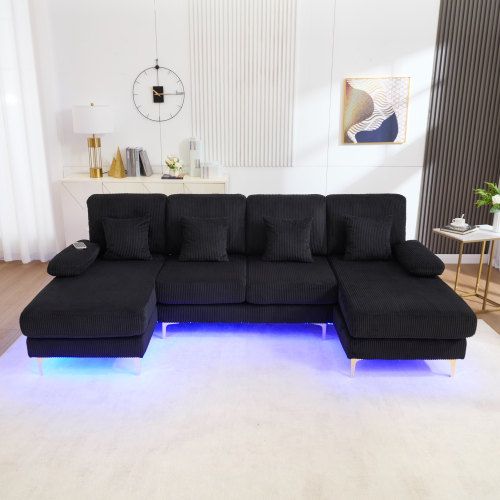 Canapé D'angle En U Avec Éclairage LED Et Port USB-c, 4 Coussins Et Dossier, Noir