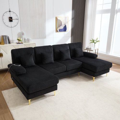 Canapé D'angle En U Avec Éclairage LED Et Port USB-c, 4 Coussins Et Dossier, Noir