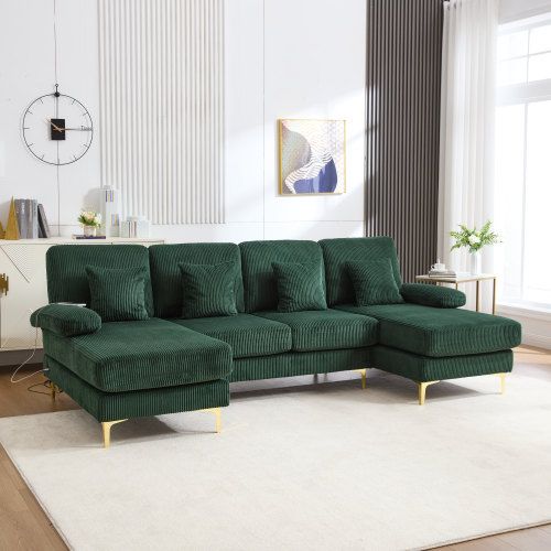 Canapé D'angle En U Avec Éclairage LED Et Port USB-c, 4 Coussins Et Dossier, Vert Foncé