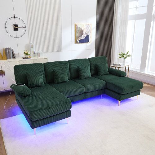 Canapé D'angle En U Avec Éclairage LED Et Port USB-c, 4 Coussins Et Dossier, Vert Foncé