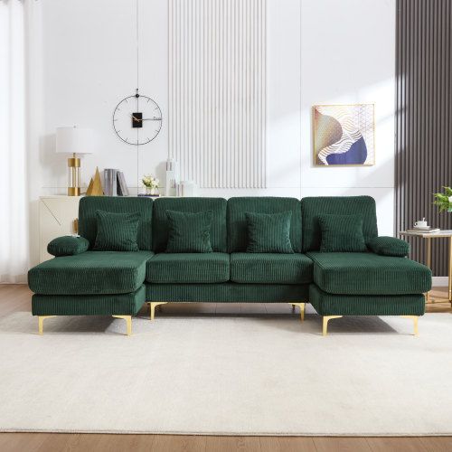 Canapé D'angle En U Avec Éclairage LED Et Port USB-c, 4 Coussins Et Dossier, Vert Foncé