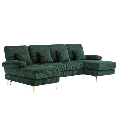 Canapé D'angle En U Avec Éclairage LED Et Port USB-c, 4 Coussins Et Dossier, Vert Foncé