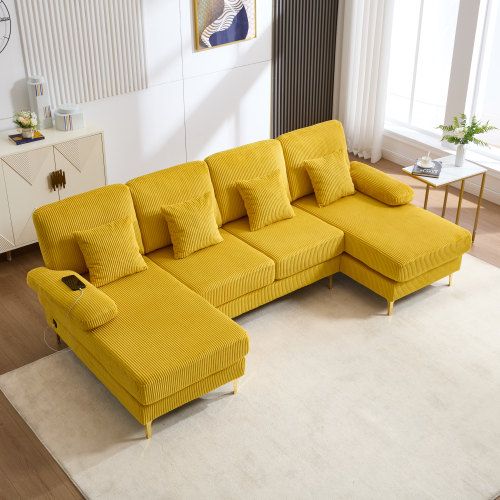 Canapé D'angle En U Avec Éclairage LED Et Port USB-c, 4 Coussins Et Dossier, Jaune