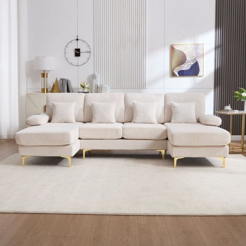 Canapé D'angle En U Avec Éclairage LED Et Port USB-c, 4 Coussins Et Dossier, Beige