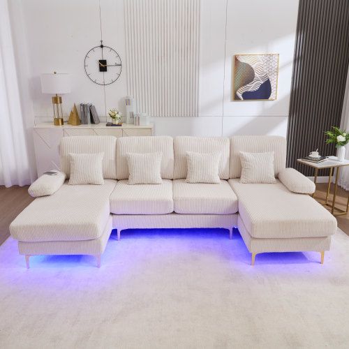 Canapé D'angle En U Avec Éclairage LED Et Port USB-c, 4 Coussins Et Dossier, Beige