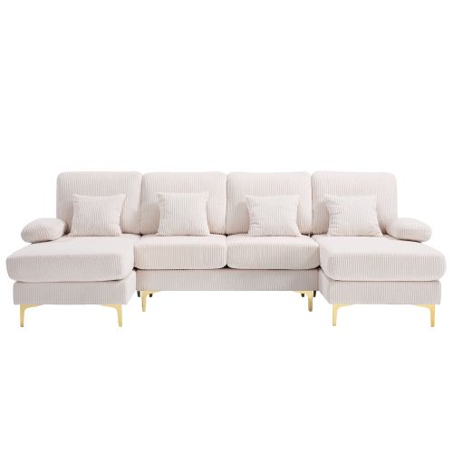 Canapé D'angle En U Avec Éclairage LED Et Port USB-c, 4 Coussins Et Dossier, Beige