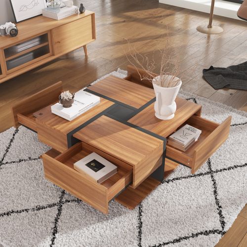 Table Basse78x78x36cm, Table Carré, 4 Tiroirs, Moderne, Aggloméré, Noir+bois