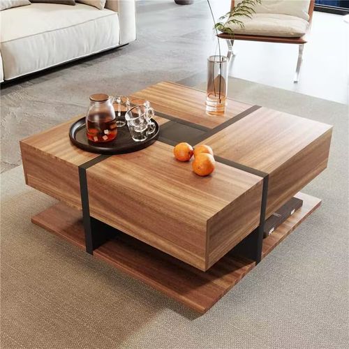 Table Basse78x78x36cm, Table Carré, 4 Tiroirs, Moderne, Aggloméré, Noir+bois