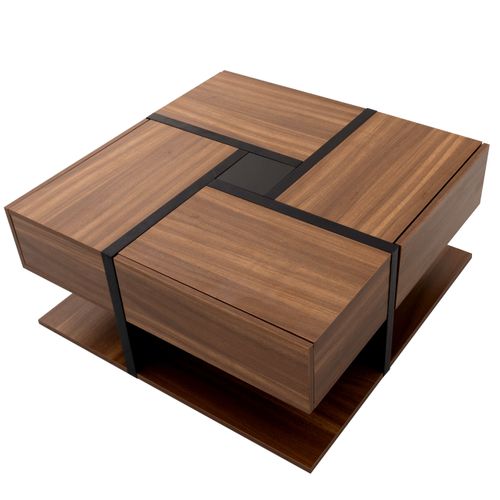 Table Basse78x78x36cm, Table Carré, 4 Tiroirs, Moderne, Aggloméré, Noir+bois