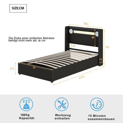 Lit 90x200cm, Lit Enfant, Lit Simple, Lit Coffre, LED, USB, Sommier, Pu, Métal+bois, Noir