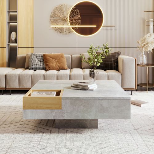 Table Basse 72x72x30cm, Table Carré, Surface En Béton, Moderne, Aggloméré, Gris+bois