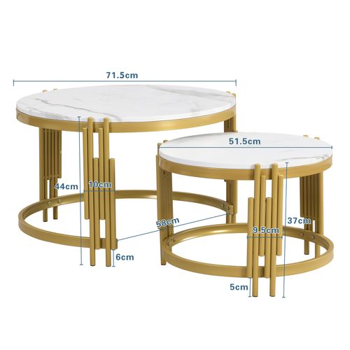 2 Table Basse, Table Ronde, Moderne, Cadre En Métal, Motif Marbre, Mdf+métal, Blanc+doré