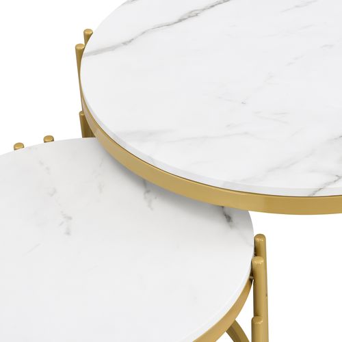 2 Table Basse, Table Ronde, Moderne, Cadre En Métal, Motif Marbre, Mdf+métal, Blanc+doré