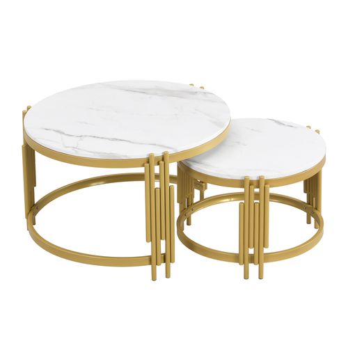 2 Table Basse, Table Ronde, Moderne, Cadre En Métal, Motif Marbre, Mdf+métal, Blanc+doré