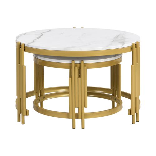 2 Table Basse, Table Ronde, Moderne, Cadre En Métal, Motif Marbre, Mdf+métal, Blanc+doré