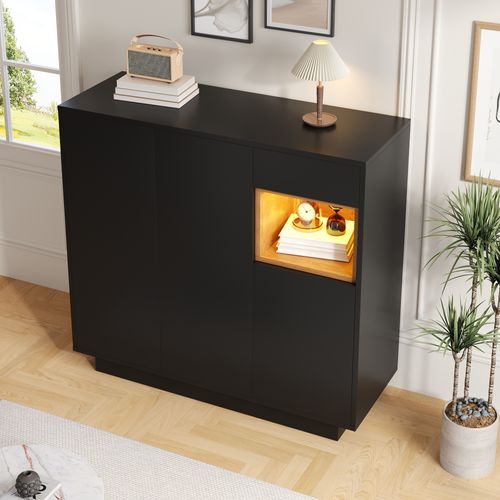 Meuble à Chaussures 105x39,5x100,5cm, 3 Portes, 1 Tiroir, LED, Aggloméré, Noir+bois