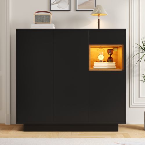 Meuble à Chaussures 105x39,5x100,5cm, 3 Portes, 1 Tiroir, LED, Aggloméré, Noir+bois