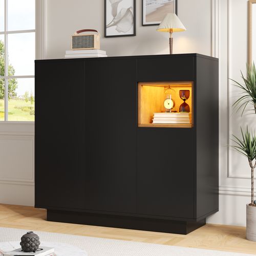 Meuble à Chaussures 105x39,5x100,5cm, 3 Portes, 1 Tiroir, LED, Aggloméré, Noir+bois