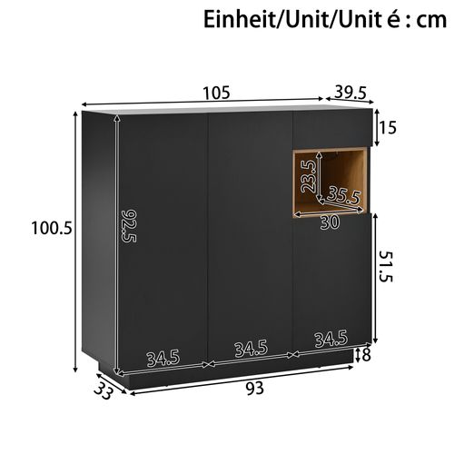 Meuble à Chaussures 105x39,5x100,5cm, 3 Portes, 1 Tiroir, LED, Aggloméré, Noir+bois