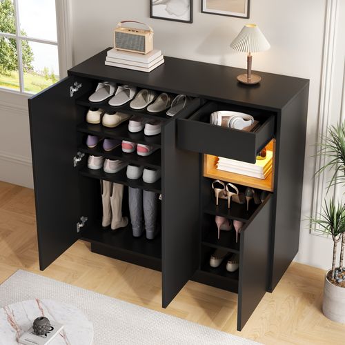 Meuble à Chaussures 105x39,5x100,5cm, 3 Portes, 1 Tiroir, LED, Aggloméré, Noir+bois